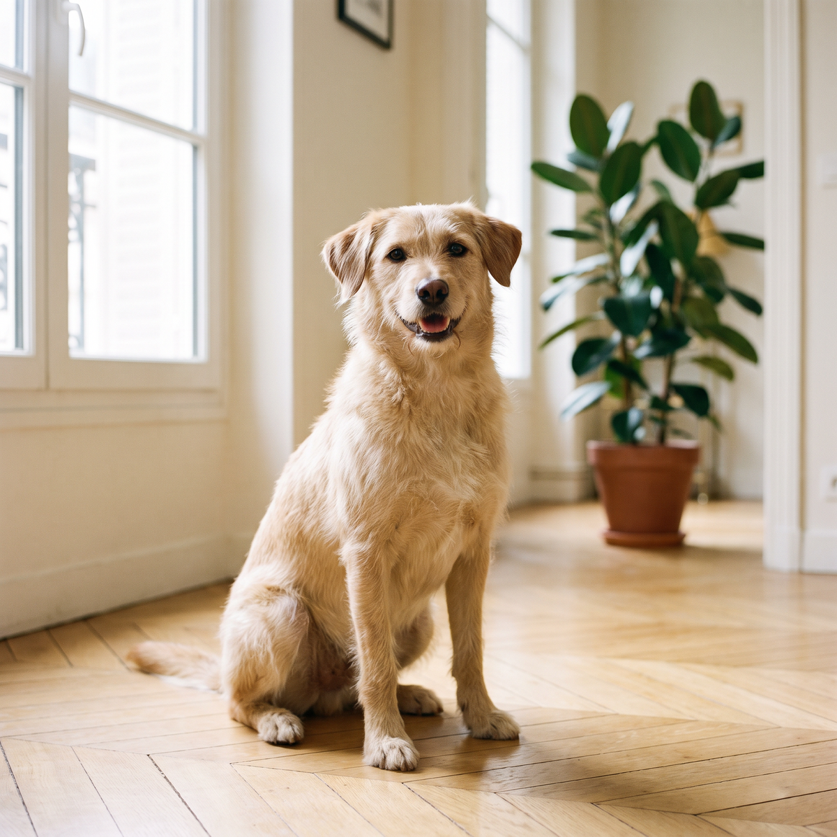 Un chien beige assis sur un parquet