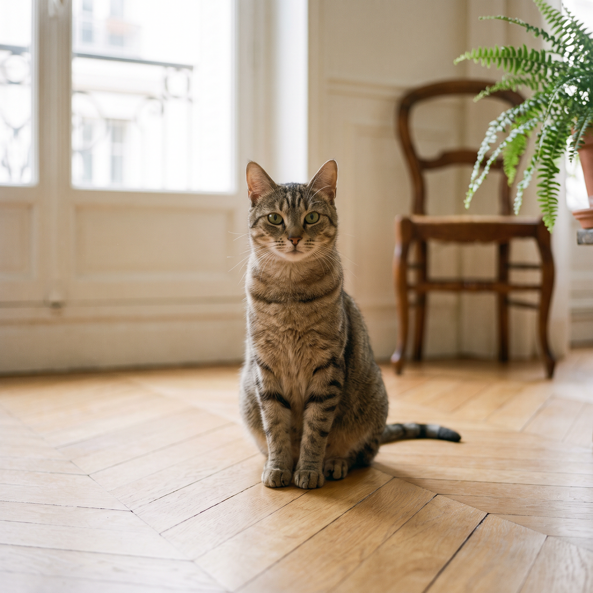Un chat tigré assis sur un parquet
