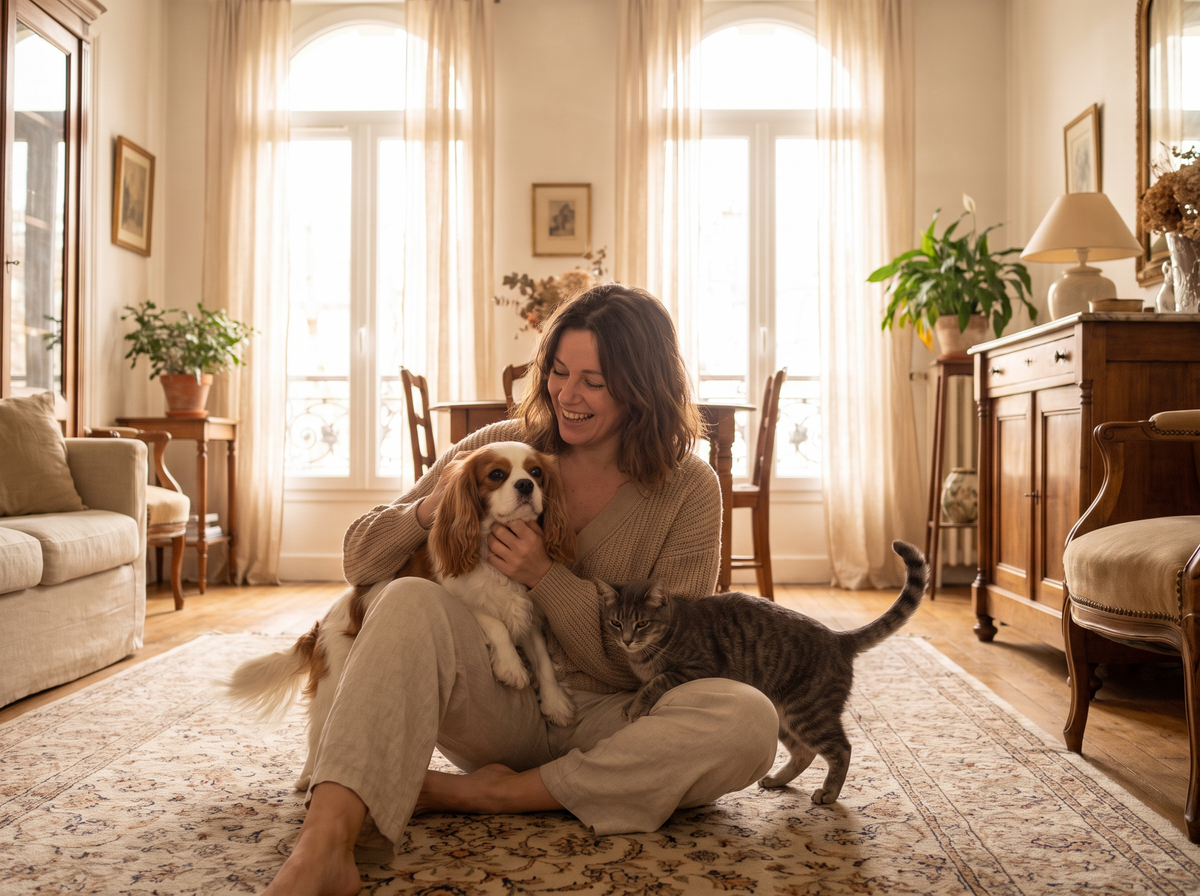 Femme assise avec son chien et son chat