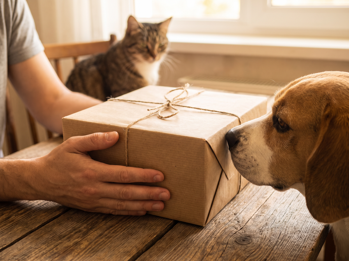 Un colis reçu, un chien et un chat curieux