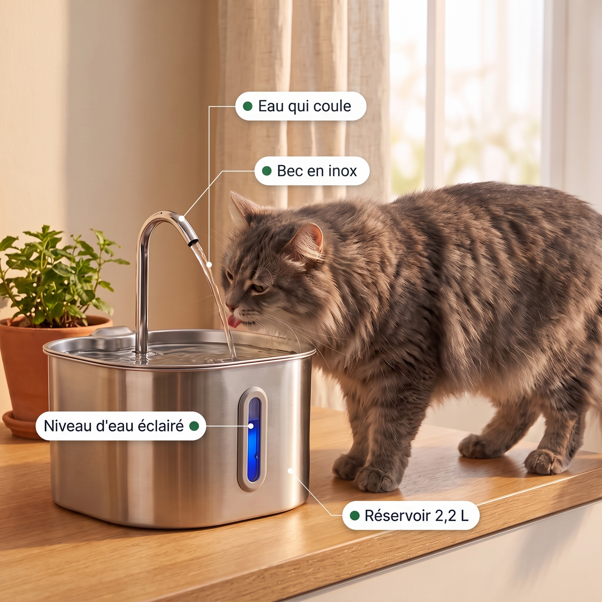 Chat qui boit au bec en inox de la fontaine Truffe & Patte