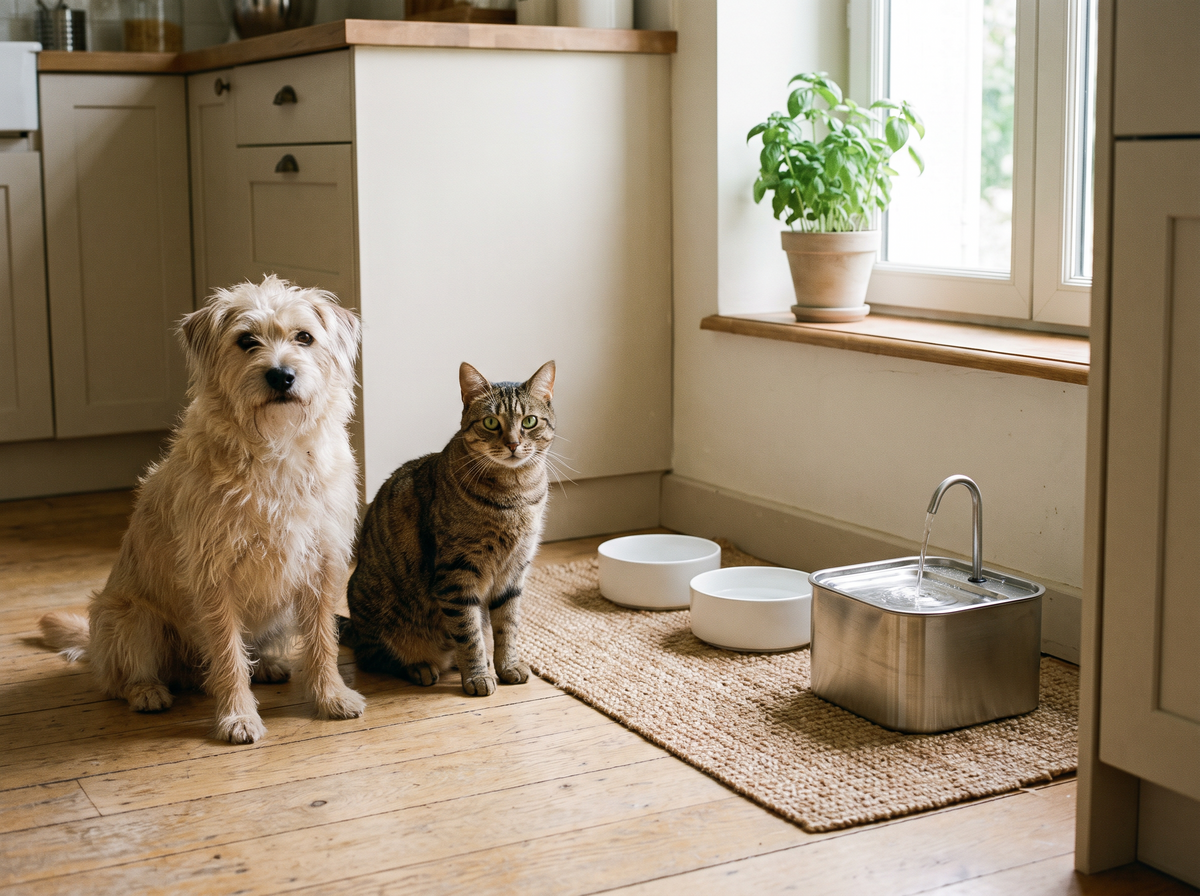 Un chien et un chat dans une cuisine, près de leurs gamelles