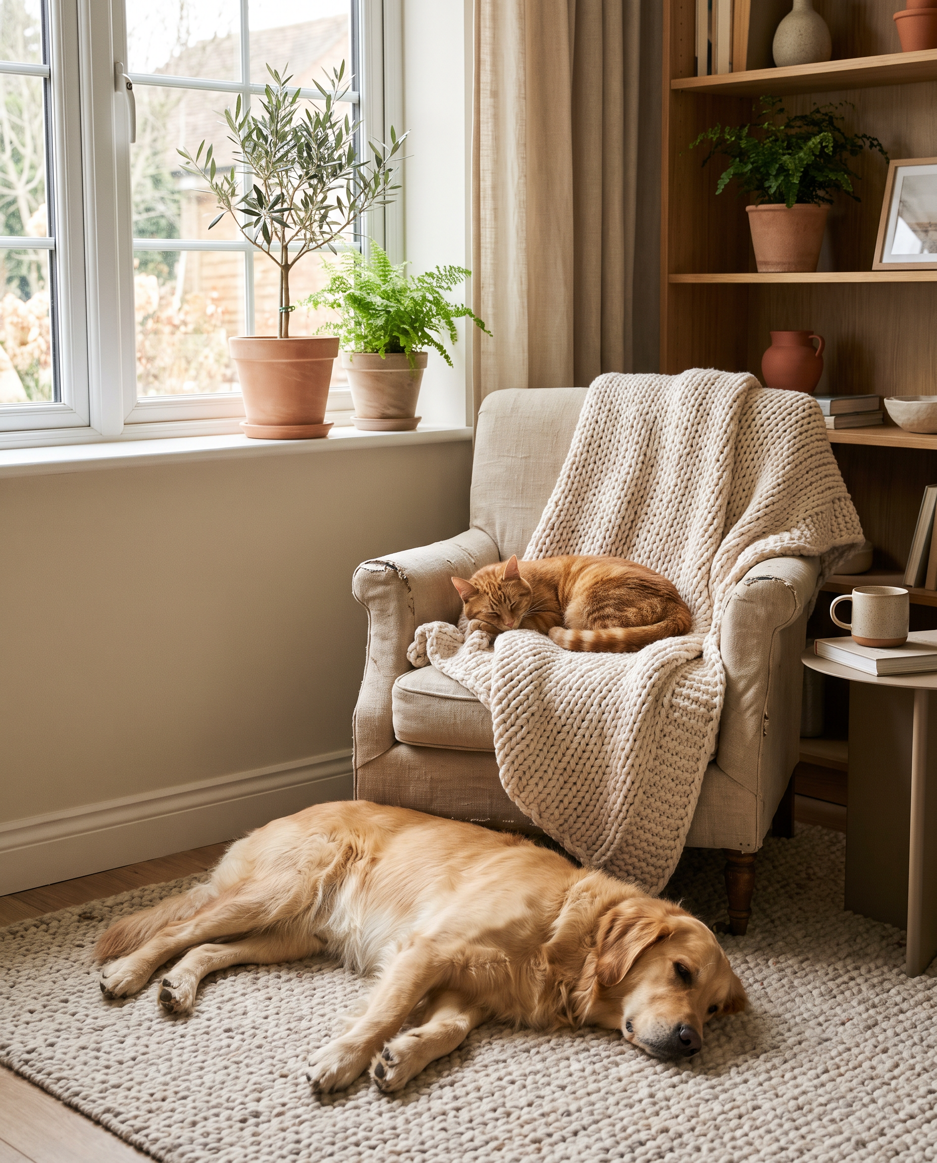 Un chat endormi sur un fauteuil et un chien couché sur le tapis